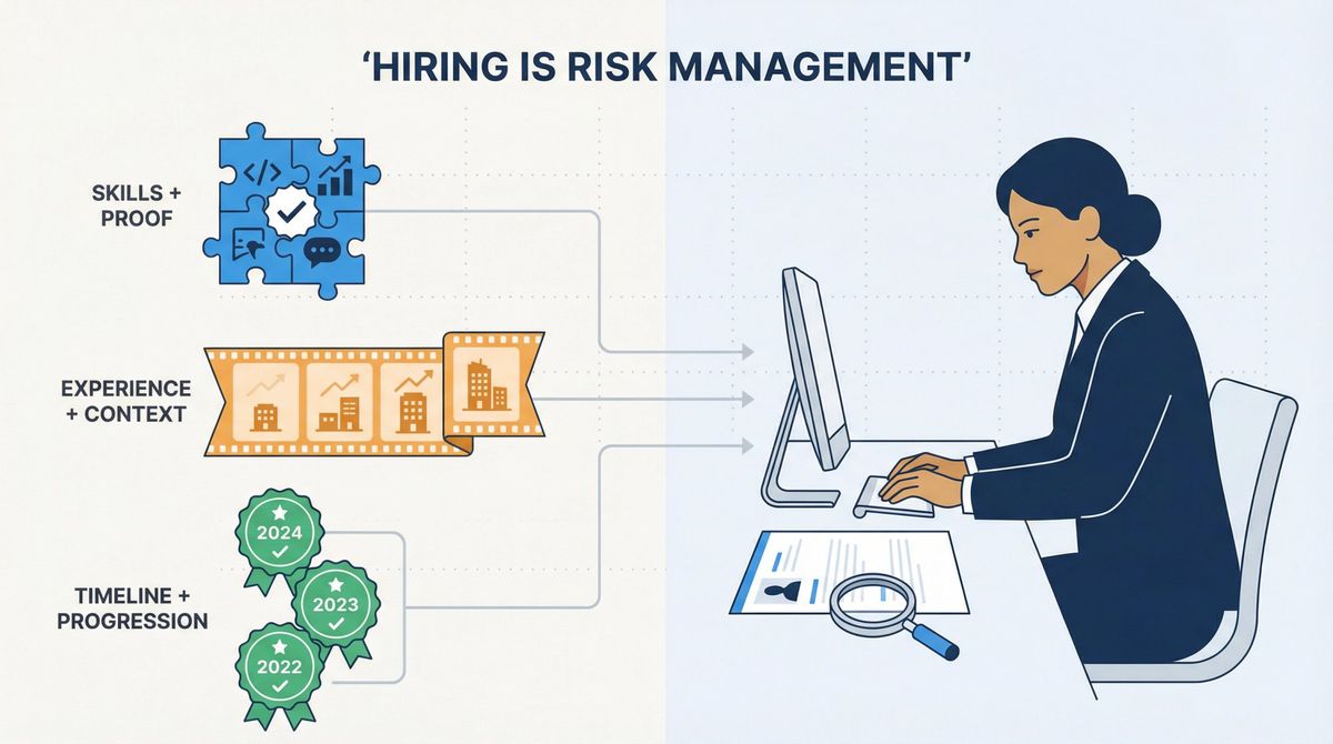 Conceptual illustration of recruiter evaluating resume as evidence pieces: skills puzzle, experience timeline, proof badges