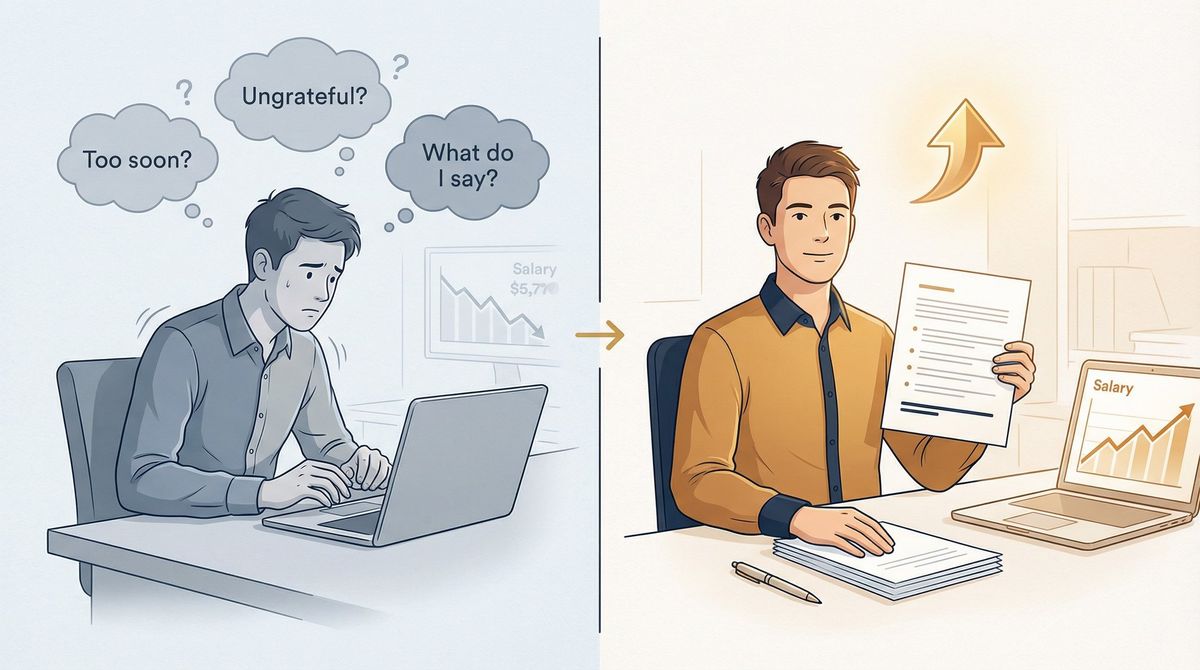 Split editorial illustration showing a first-year employee's mindset shifting from anxious uncertainty to calm, prepared confidence when asking for a raise