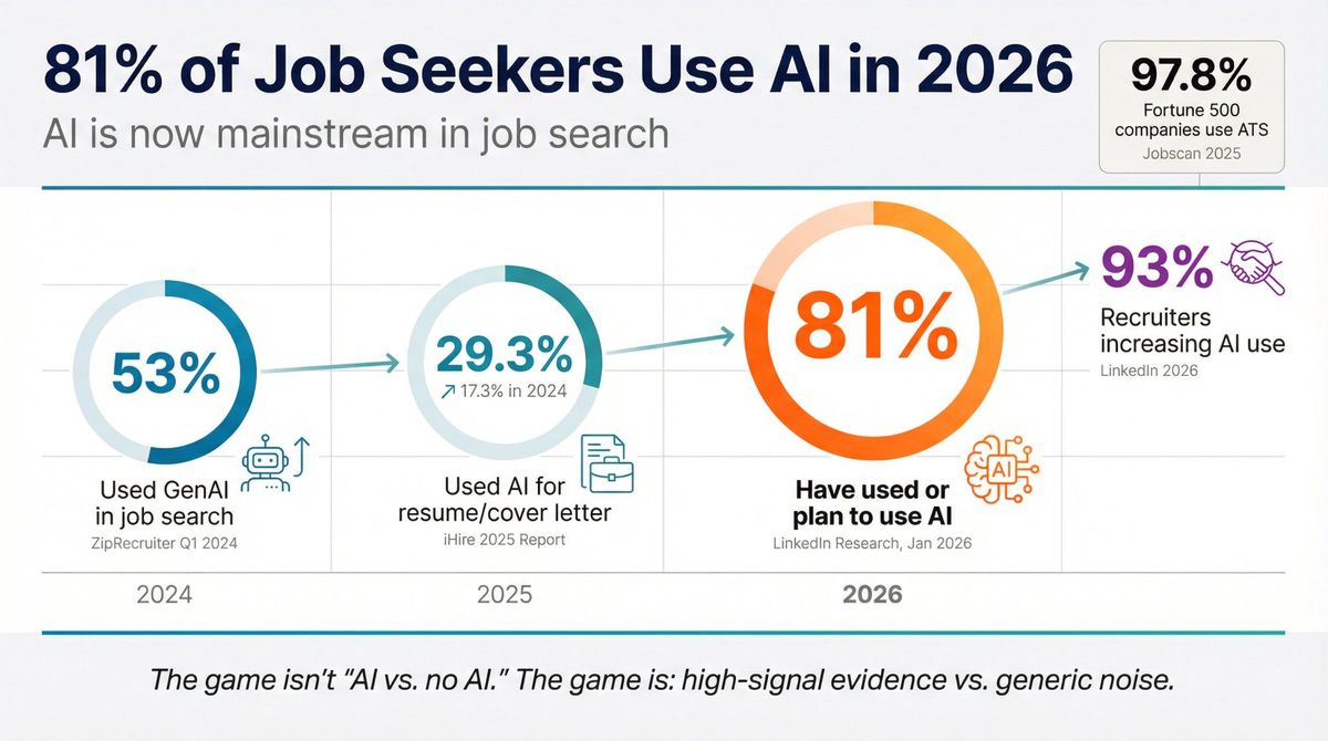 Data visualization showing 81% of job seekers use AI for resumes in 2026, with adoption trends from multiple sources