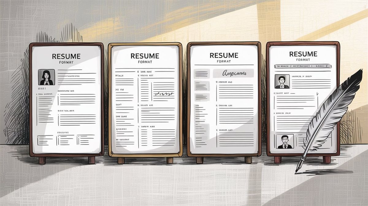 Different resume format layouts side by side, showing functional, combination, and chronological styles