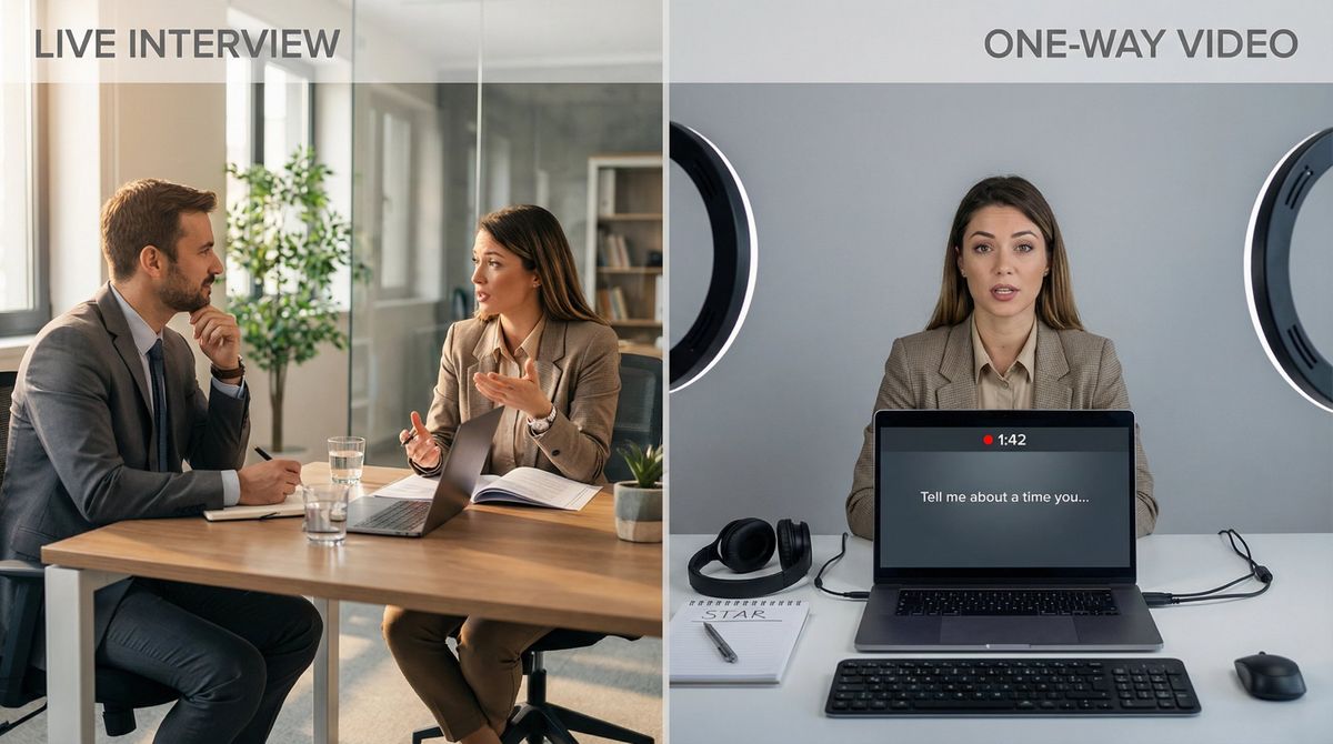 Split comparison of live interview conversation versus isolated one-way video interview recording setup