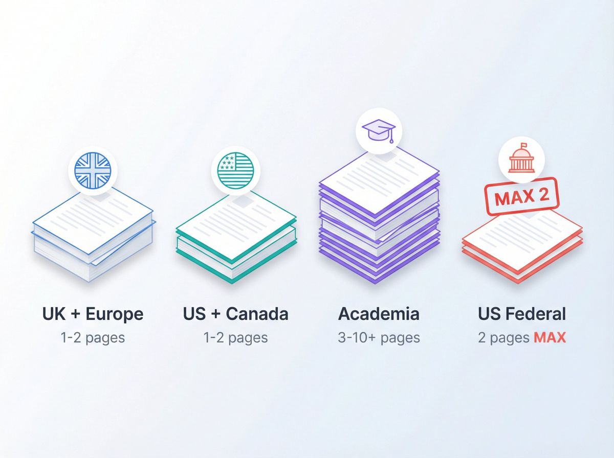 Visual comparison of CV page count expectations across UK/Europe, US/Canada, Academia, and US Federal jobs, showing document stacks sized by typical length