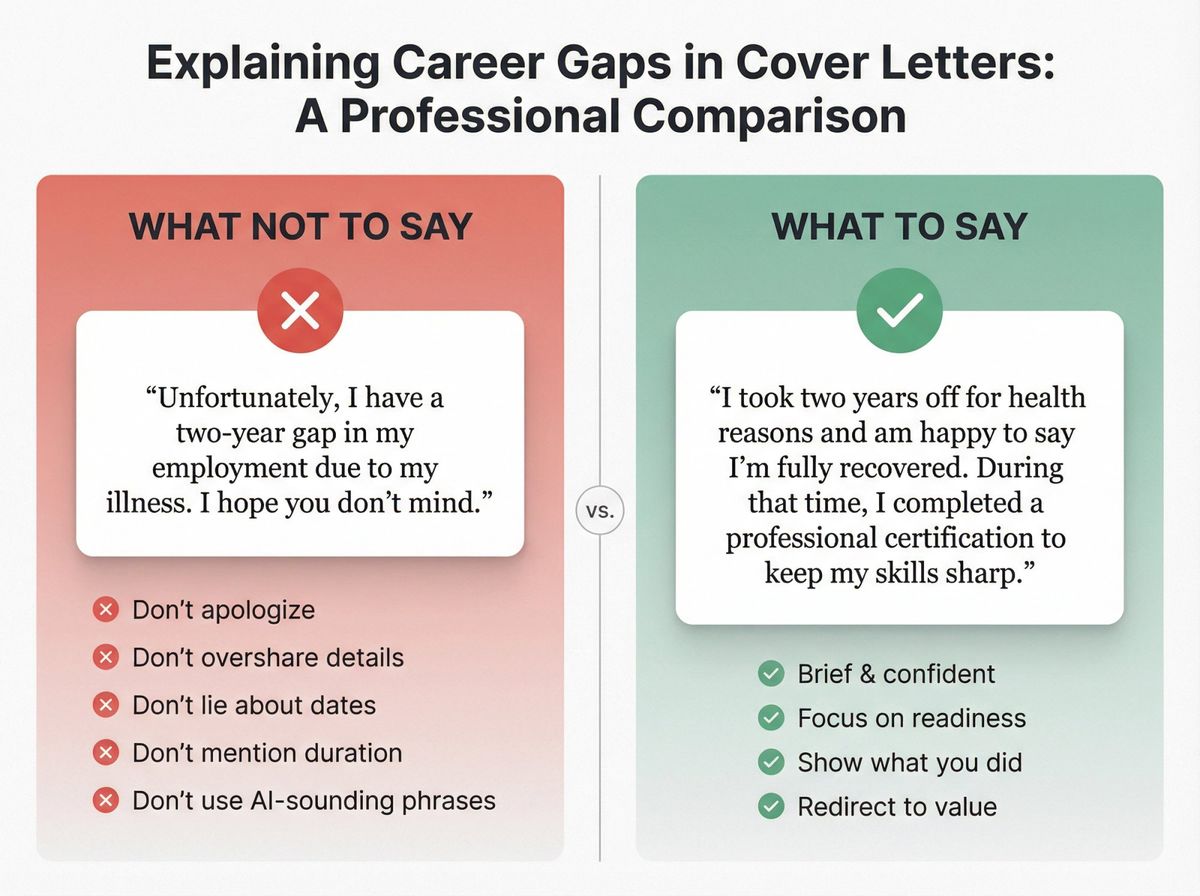 Side-by-side comparison showing weak apologetic career gap explanations versus confident forward-looking alternatives