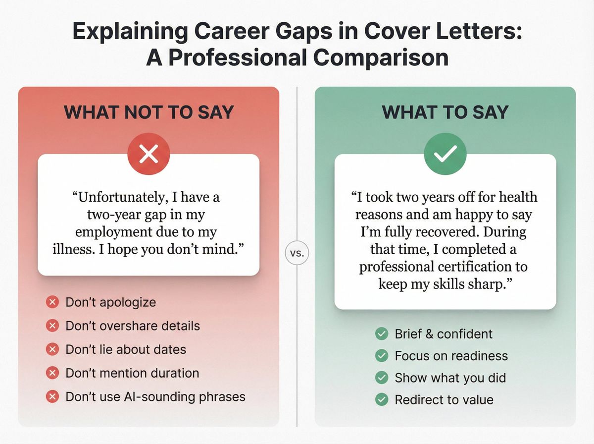 Side-by-side comparison showing weak apologetic career gap explanations versus confident forward-looking alternatives