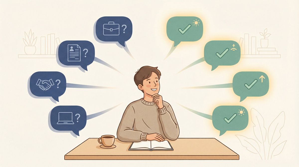 Editorial illustration of common job search questions represented as speech bubbles, each met with a clear confident answer, symbolizing clarity for no-experience job seekers