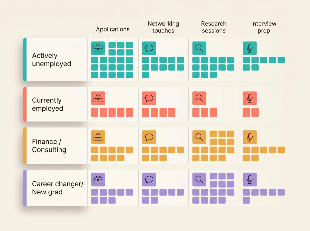 Weekly job application volume guide showing targets for unemployed, employed, high-competition, and career-changer job seekers