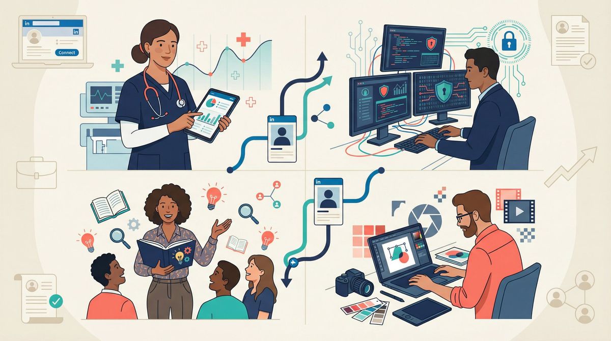 Diverse professionals across healthcare, tech, education, and creative fields united in career success journey