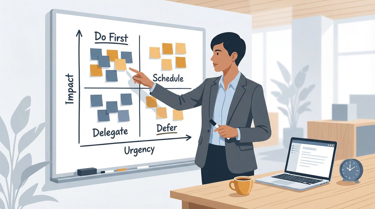 Professional at a whiteboard mapping a priority matrix with impact and urgency axes, sticky notes showing tasks, clock on wall