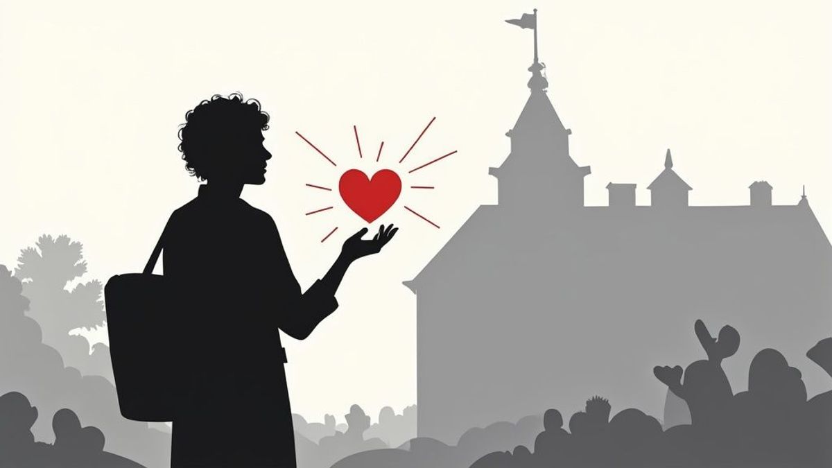 A teacher holding up a puzzle piece that fits perfectly into a larger puzzle, symbolizing being the right fit for a school.