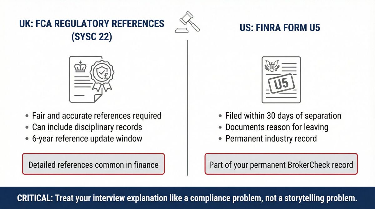 Side-by-side comparison of UK FCA and US FINRA regulatory documentation systems for terminated finance workers