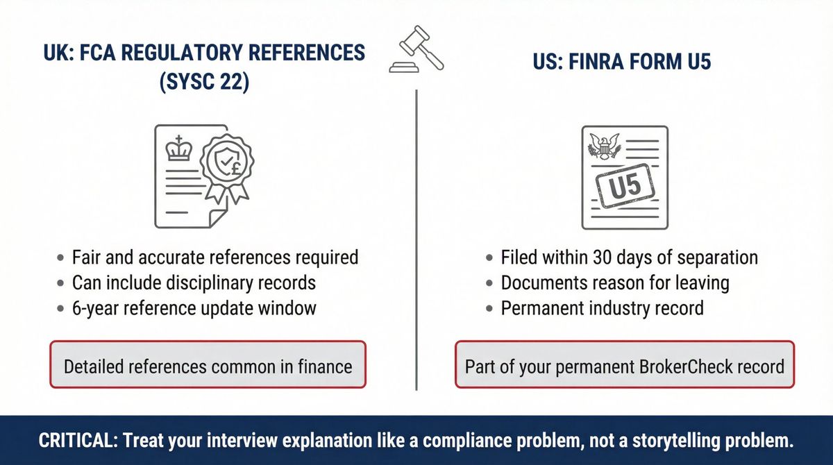 Side-by-side comparison of UK FCA and US FINRA regulatory documentation systems for terminated finance workers