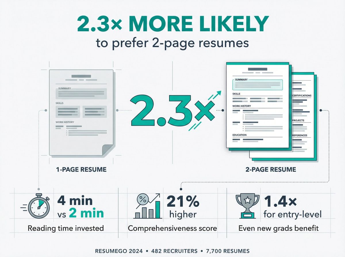 Infographic showing recruiters prefer 2-page resumes 2.3x more than 1-page, with supporting data visualization