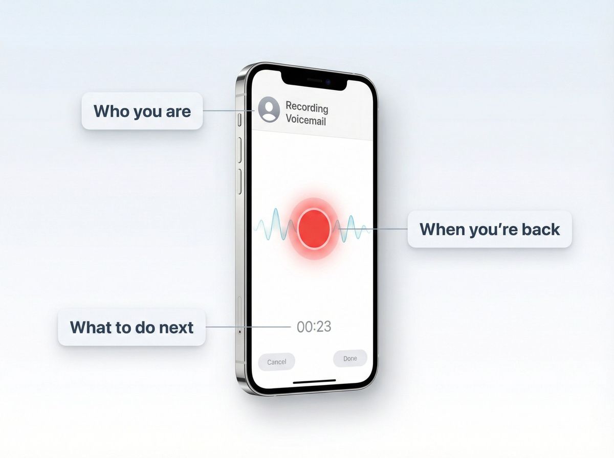 Modern smartphone displaying voicemail recording interface with three labeled callouts showing essential OOO message components