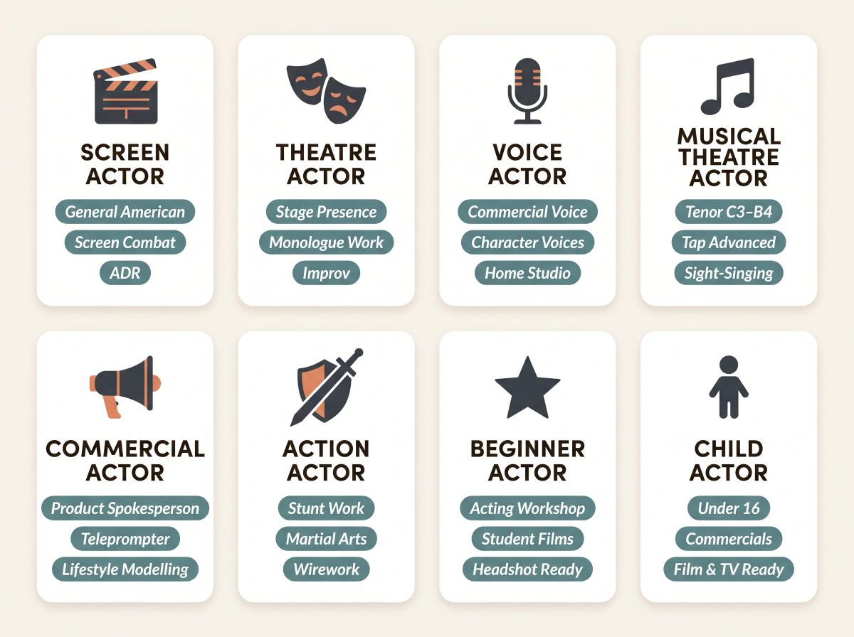 Editorial illustration of eight actor types, beginner to voice actor, each shown with their defining special skills listed beneath