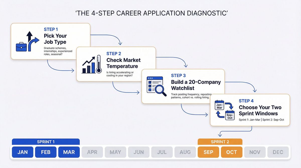 4-step job search timing framework diagram showing how to personalize your sprint windows across January–March and September–October