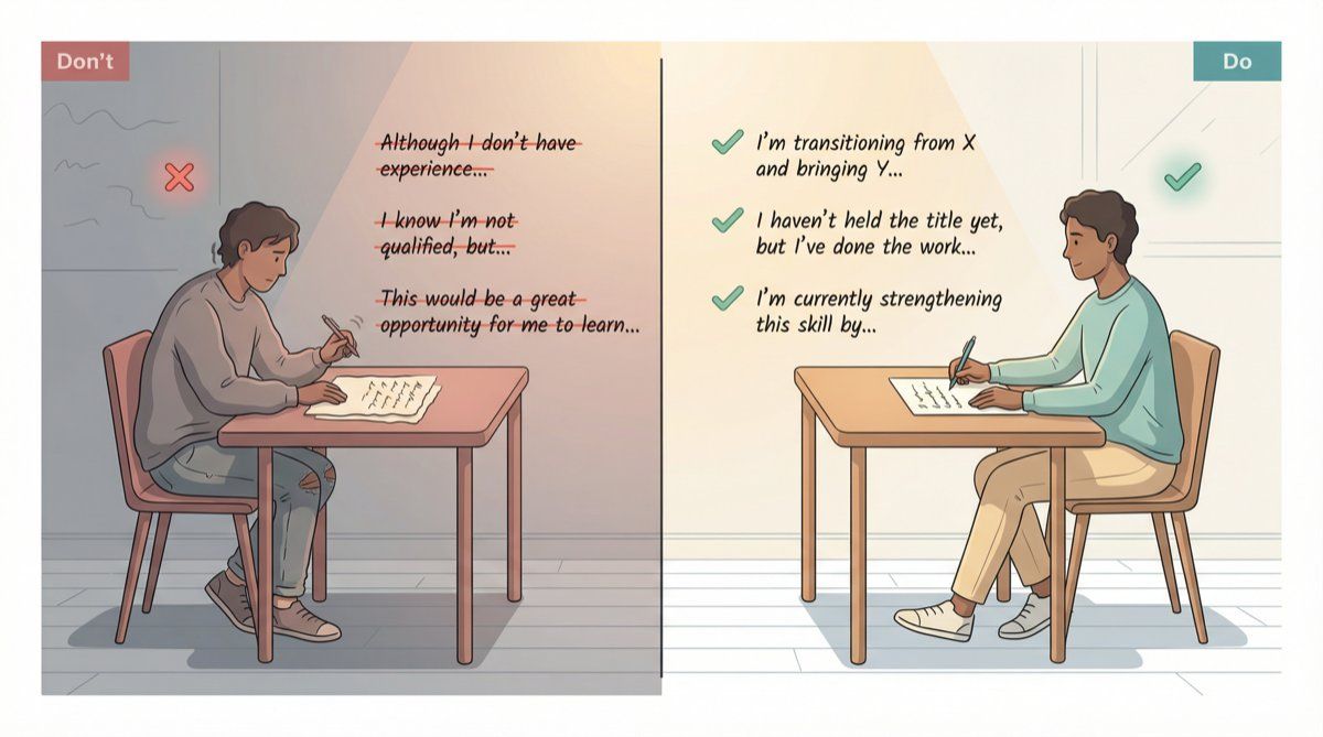 Split illustration contrasting defensive cover letter language on the left with confident, proof-forward replacement statements on the right