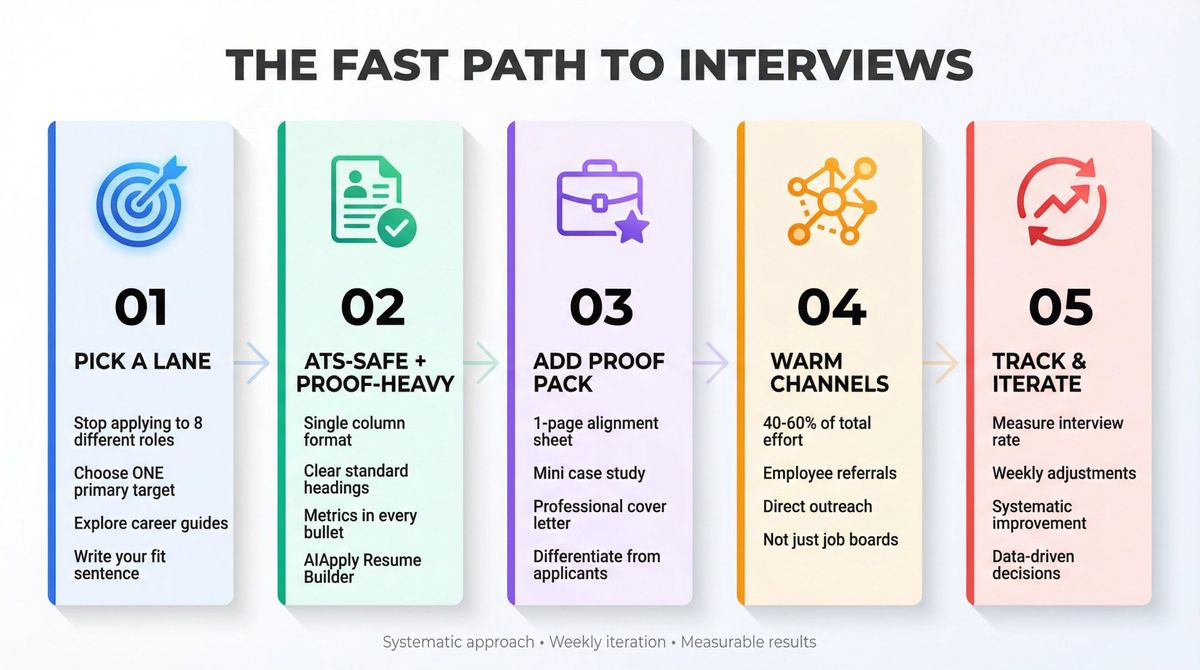 Five-step job search optimization framework showing the systematic path from targeting to weekly iteration