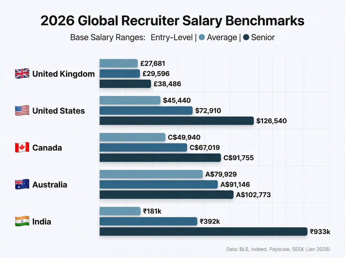 2026 recruiter salary comparison across UK, US, Canada, Australia, and India showing base pay ranges