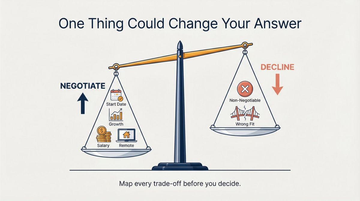 A balance scale illustration weighing job offer trade-offs including salary, remote work, growth, and manager fit to decide whether to decline or negotiate