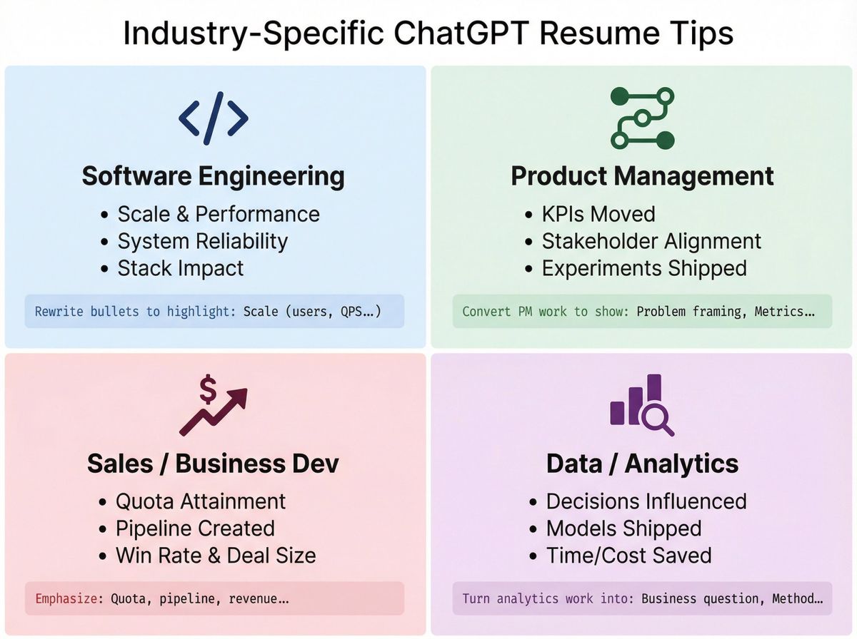 Four-quadrant infographic showing ChatGPT resume optimization strategies for Software Engineering, Product Management, Sales, and Data Analytics careers