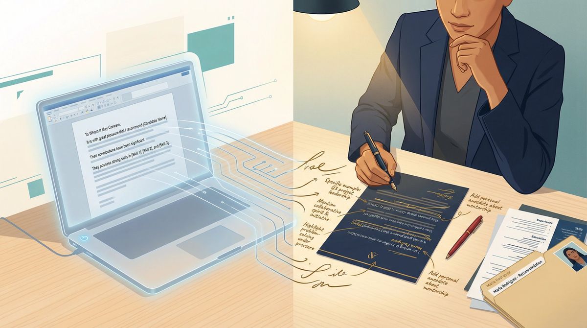 Illustration of a person reviewing and personalizing an AI-generated recommendation letter draft