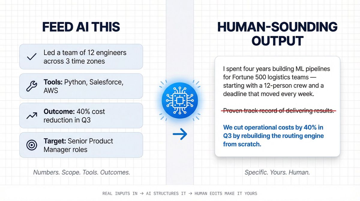 Diagram showing real inputs like metrics and tools going into AI, producing an authentic human-sounding LinkedIn About section