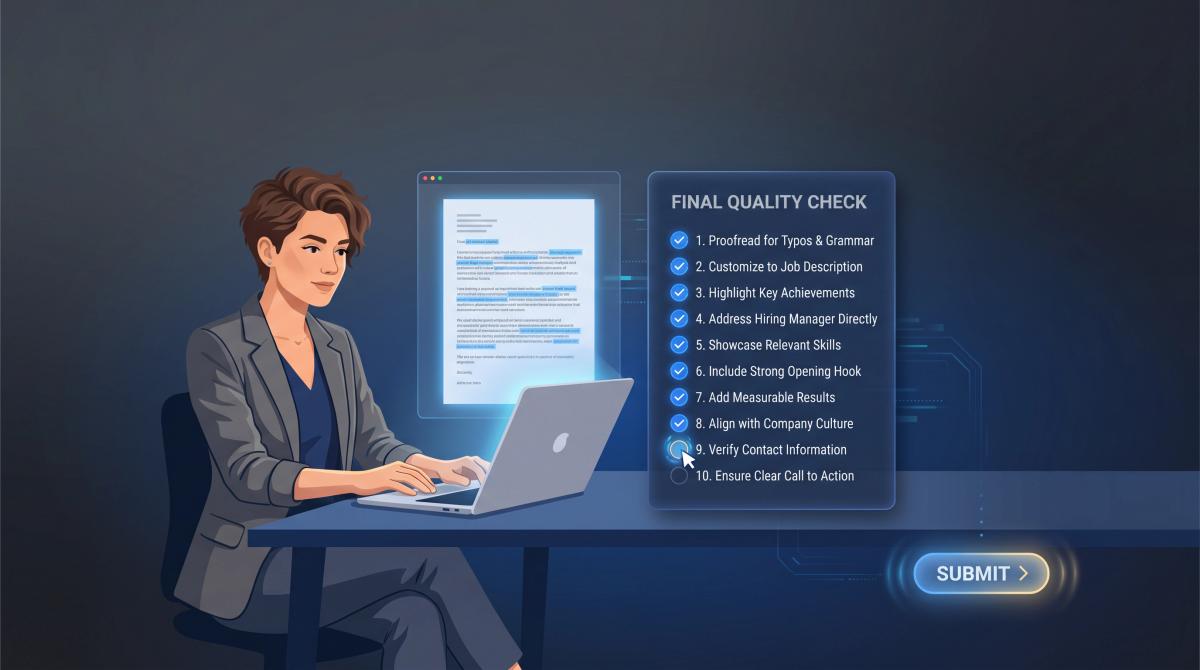 Professional reviewing an AI cover letter with a 10-item pre-send checklist, ticking off quality checks before submitting