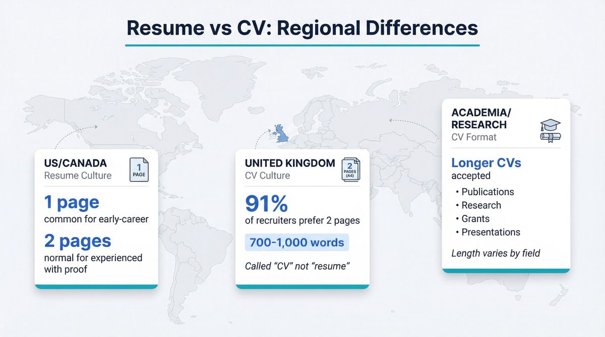Infographic comparing resume and CV length expectations across US/Canada, UK, and academic regions with key statistics