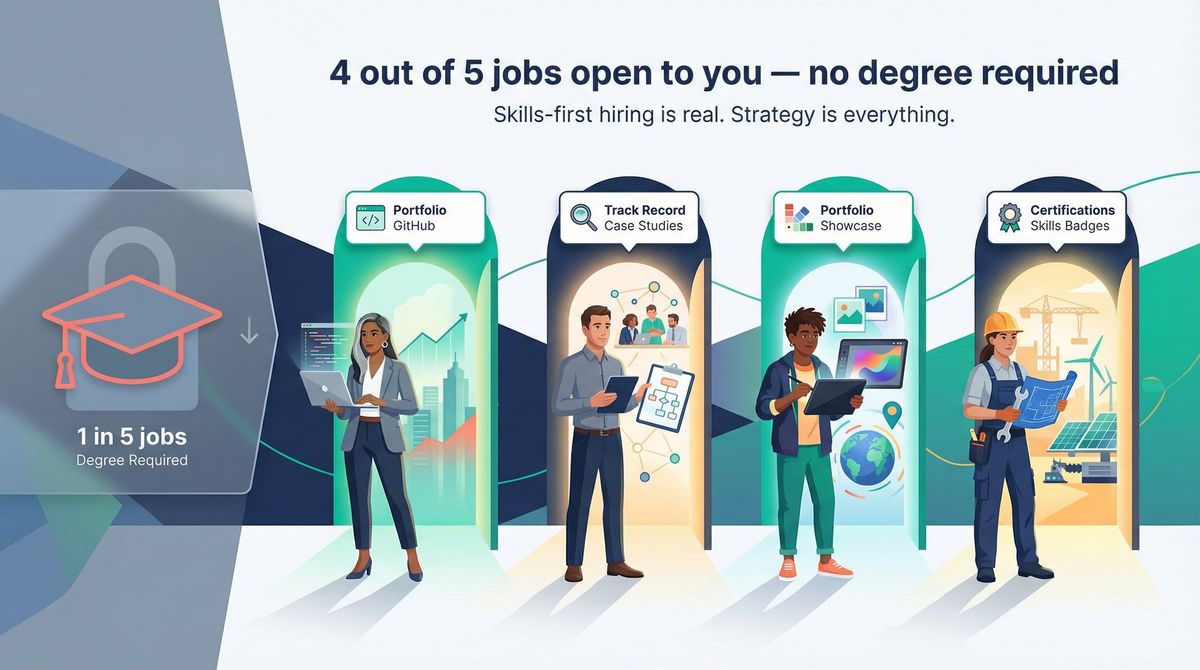 Editorial illustration showing 4 out of 5 job openings as accessible without a degree, contrasting credential vs skills-proof hiring paths