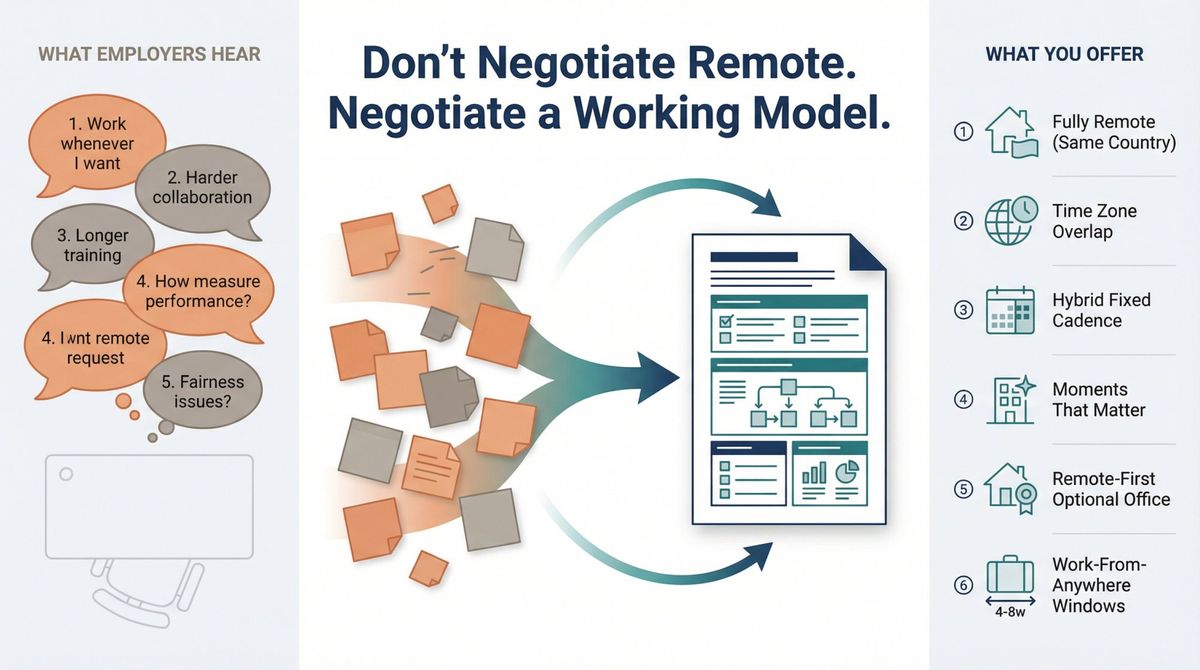 Editorial illustration showing transformation from employer worries to structured remote work proposals with six defined outcomes