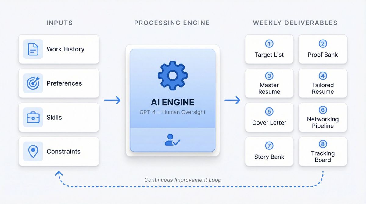 System diagram showing AI job search workflow with inputs, processing engine, and 8 weekly deliverables