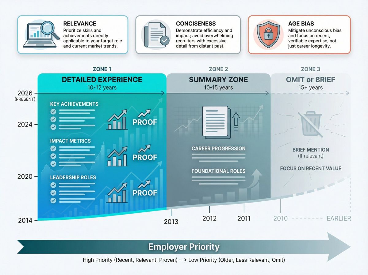 Resume timeline infographic showing the 10-15 year window with three zones: detailed experience (last 10-12 years), summary zone (older), and omit zone (15+ years)