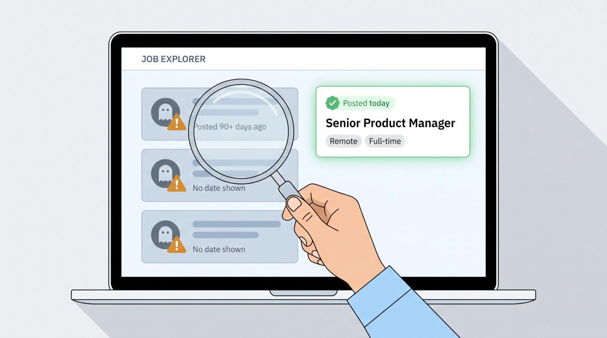 Editorial illustration showing a job board with ghost job listings marked by warning badges versus fresh legitimate postings highlighted in green