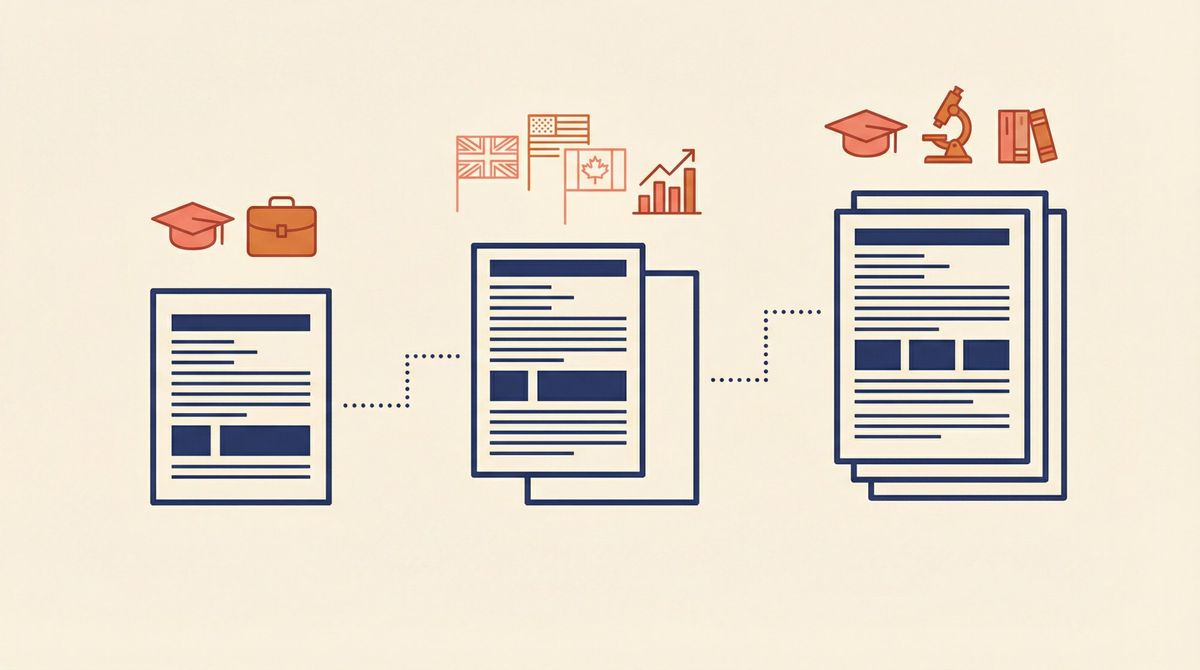 Visual guide showing CV length options from 1 to 3+ pages with decision factors by country, career stage, and role type