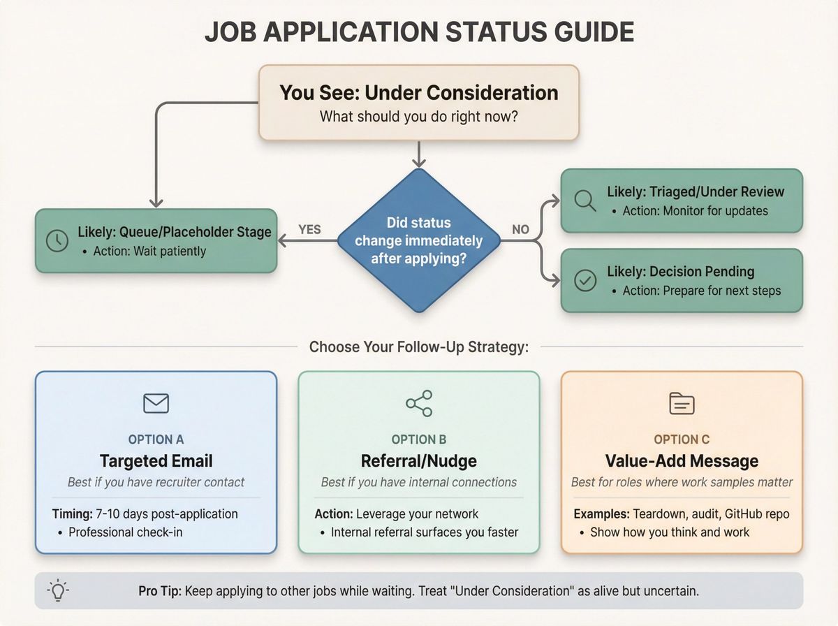 Decision flowchart showing job seekers how to respond to 'Under Consideration' status with diagnostic questions and three follow-up options