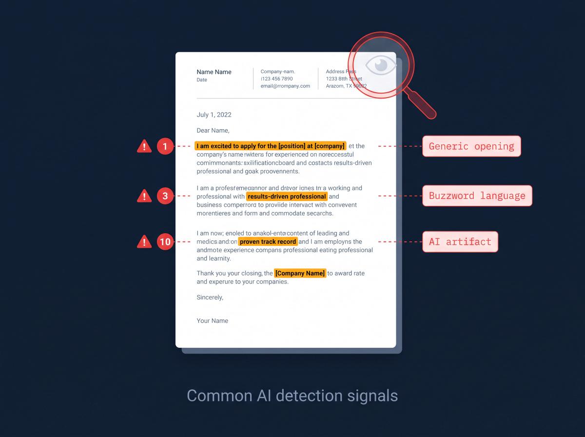 Annotated cover letter with red warning flags highlighting generic AI phrases like 'results-driven professional' and placeholder text