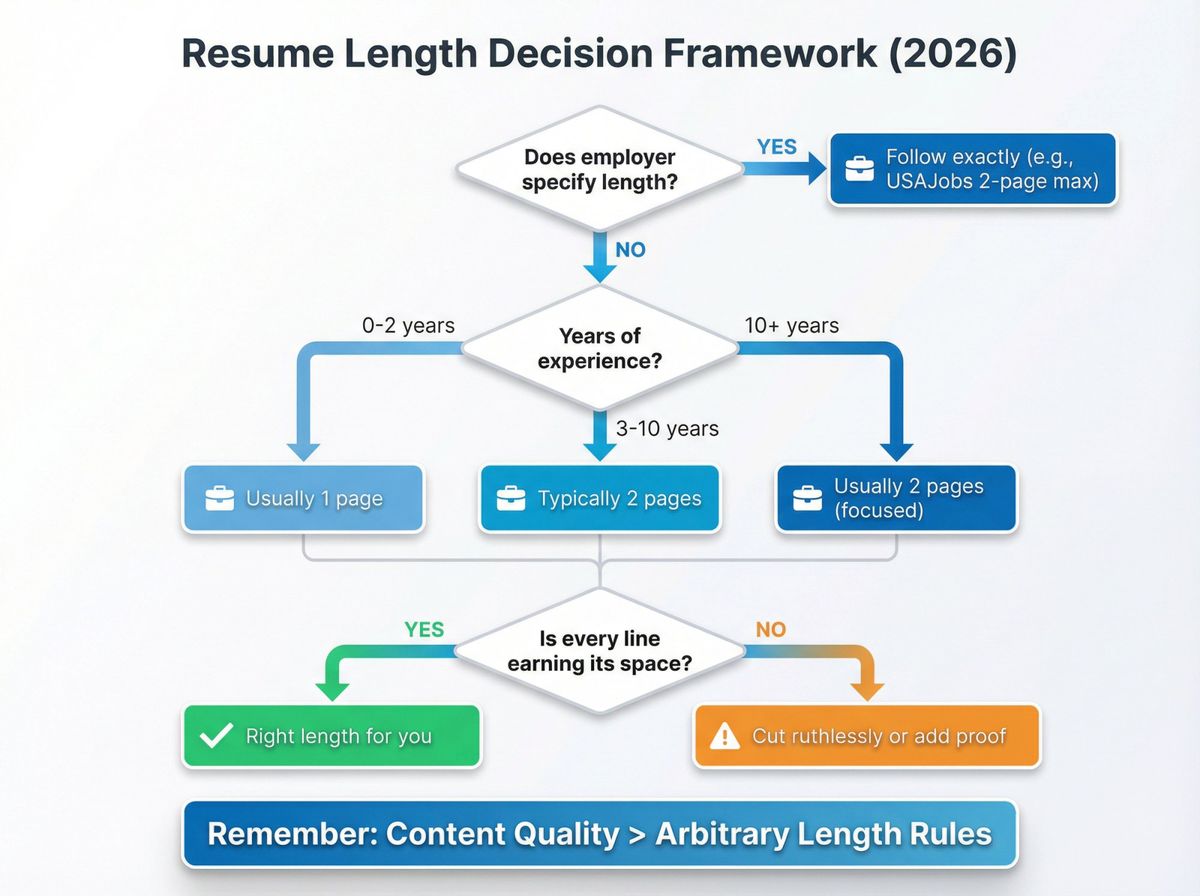 Resume length decision flowchart showing the modern 2026 framework for choosing 1 or 2 pages