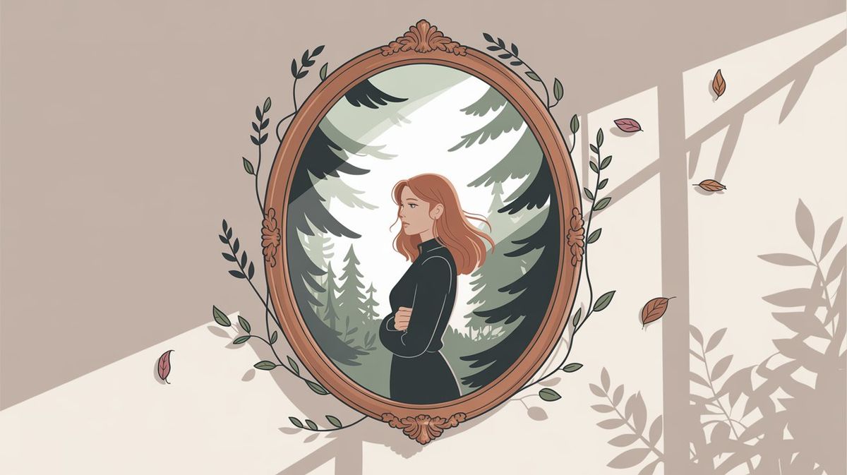 Hand-drawn illustration of a thoughtful professional woman reflected in an ornate mirror frame, surrounded by pine trees and floating leaves, symbolizing self-reflection and the process of discovering one's own transferable skills