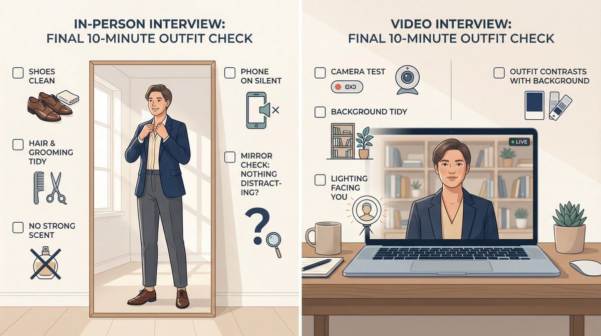 Split-screen final interview outfit check showing in-person grooming and video setup checklists with clean modern design