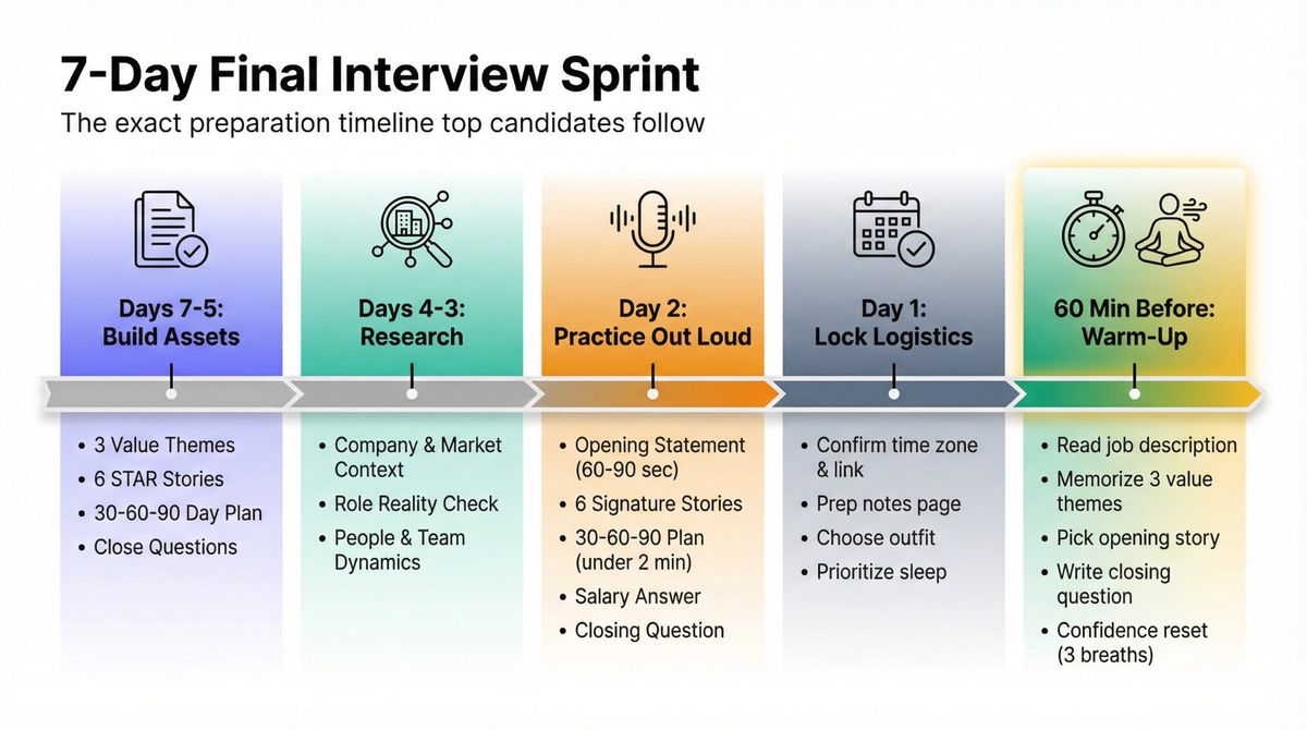 Visual timeline showing a 7-day final interview preparation sprint with daily milestones from asset building to warm-up