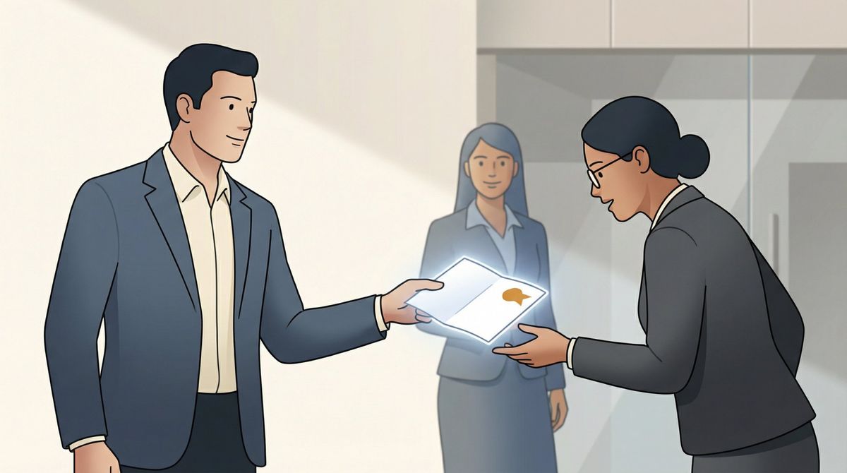 Professional handing a formal letter of recommendation to a hiring manager, symbolizing third-party credibility and trust in job applications