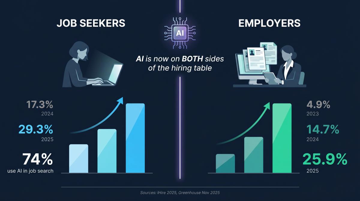 Split infographic showing rising AI adoption rates in hiring: 74% of job seekers and 25.9% of employers now use AI tools