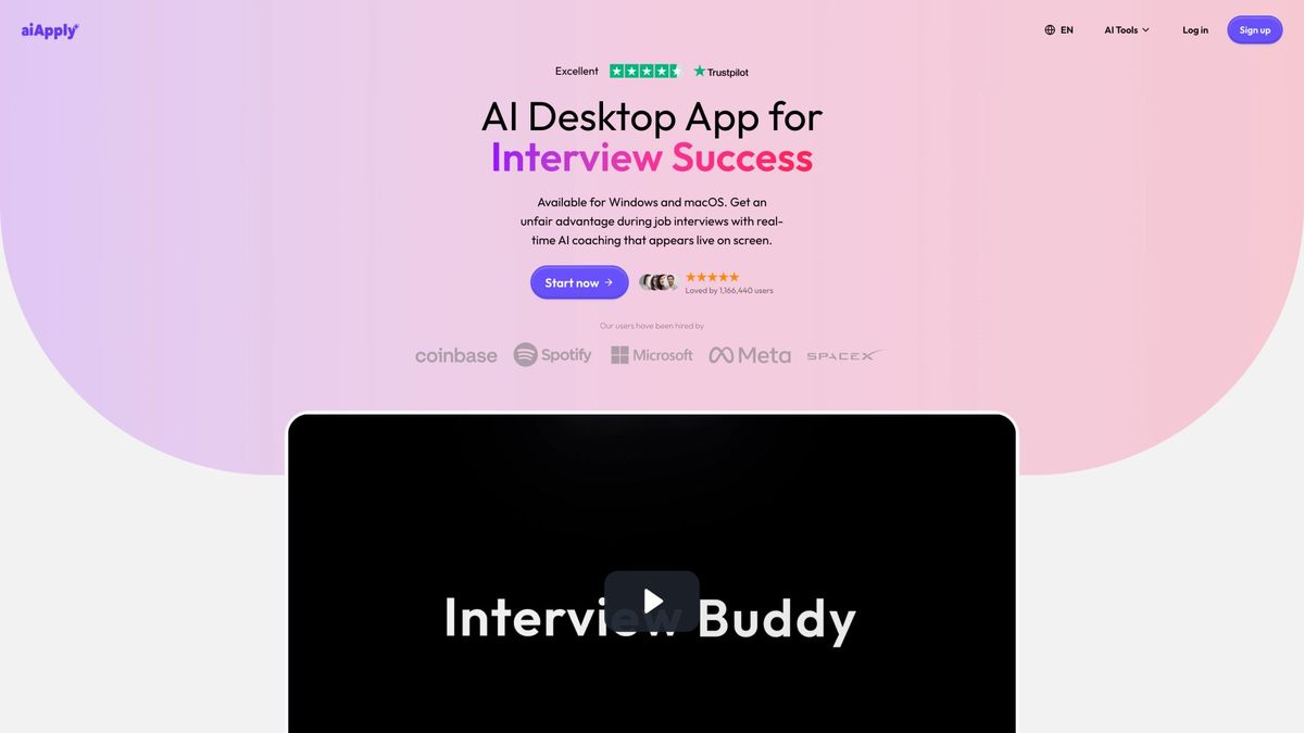 AIApply Interview Buddy desktop app page showing real-time AI coaching headline, social proof logos, and product video thumbnail