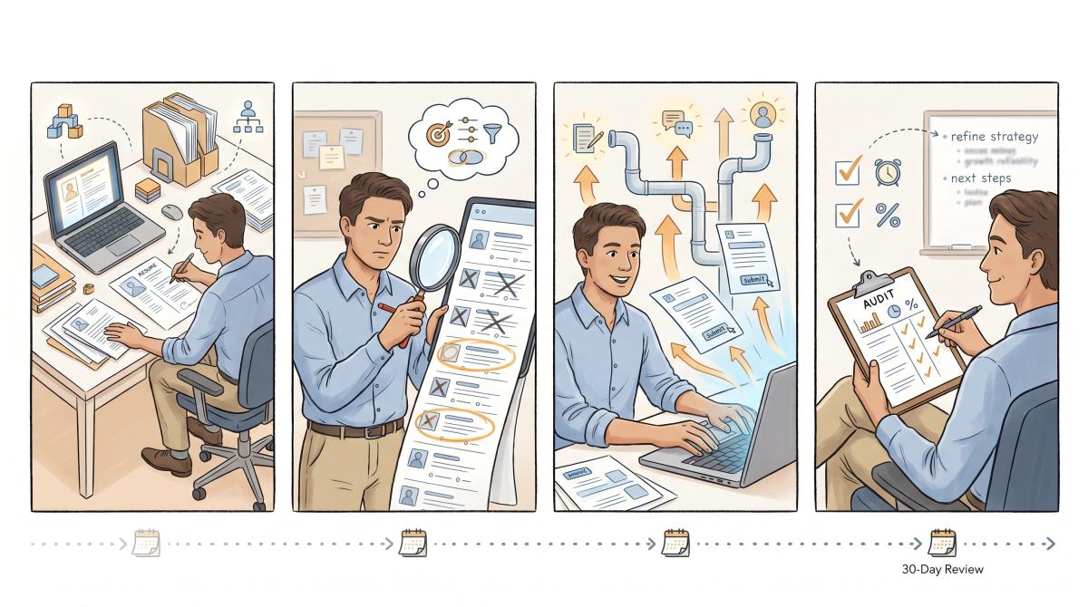 Four-week job application plan showing escalating stages: foundation, refinement, scaling, and audit review