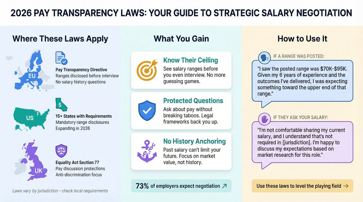 Infographic showing 2026 pay transparency laws across EU, US, and UK with tactical negotiation examples