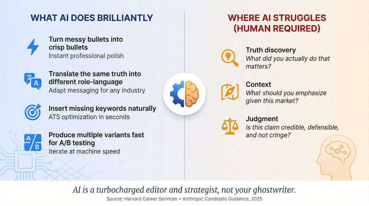 Split-screen infographic comparing AI resume writer strengths on the left versus human-required capabilities on the right
