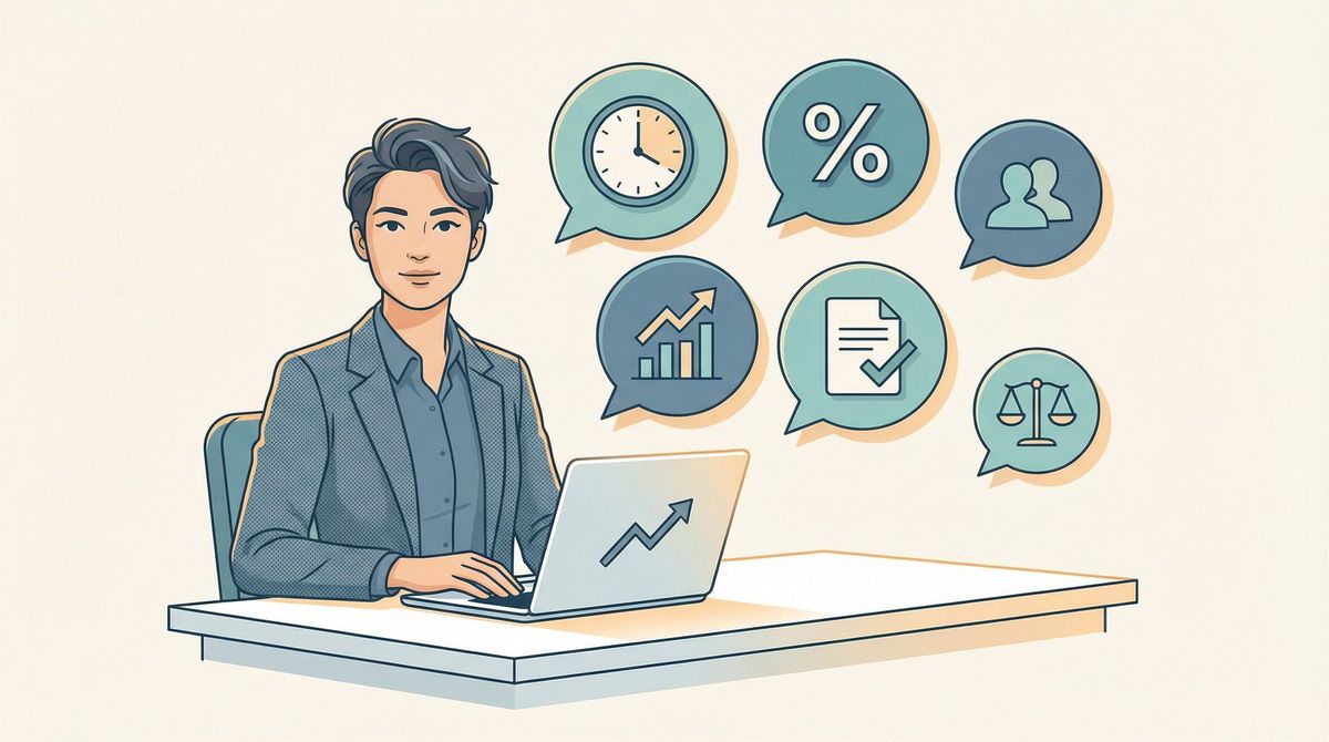 Editorial illustration of a professional at a desk surrounded by floating FAQ bubbles covering raise timing, amount, metrics, and salary adjustment questions