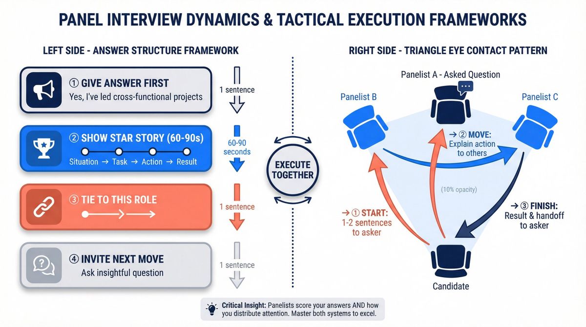 Panel interview tactical framework showing the Headline-Proof-Relevance-Handoff answer structure combined with triangle eye contact pattern across multiple interviewers