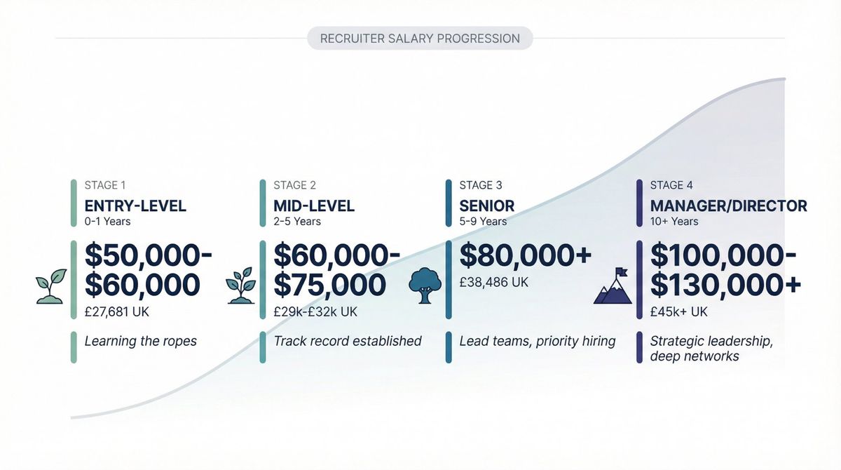 Recruiter salary progression from entry-level ($50k-$60k) to director level ($100k-$130k+) showing 10-year career growth