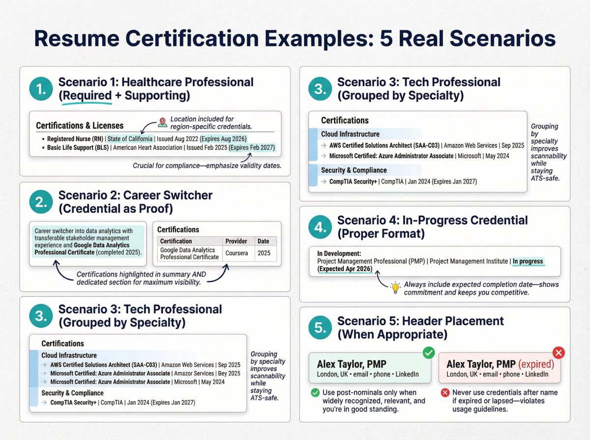 Five resume certification formatting examples showing scenarios for nurses, career switchers, tech professionals, in-progress credentials, and header placement